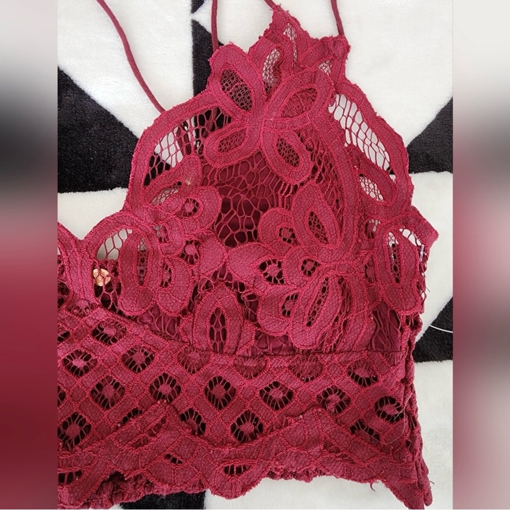 Free People Adella Crochet Lace Bralette Crop Top Burgundy NWOT Size Large - Picture 2 of 8